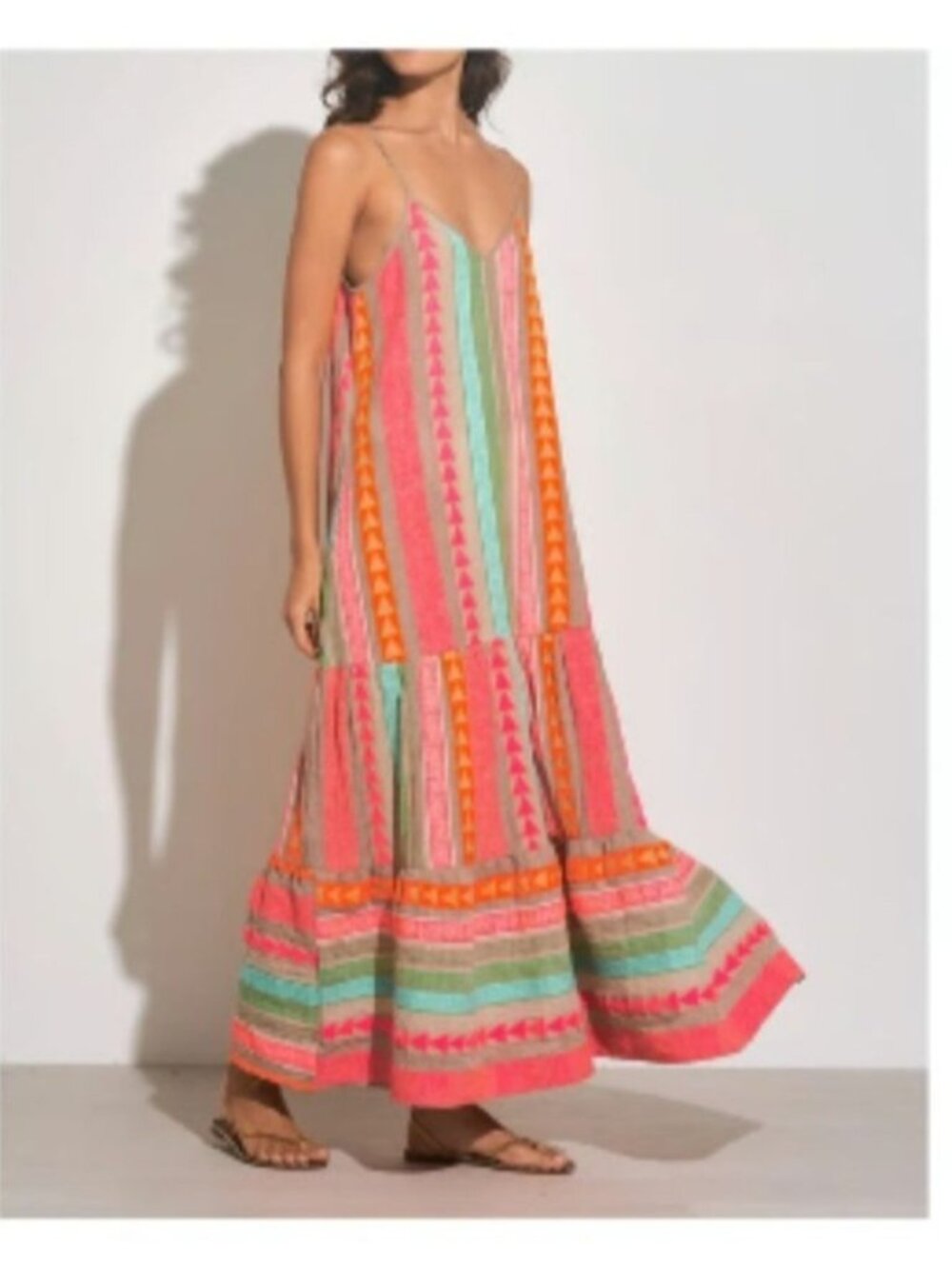 Elan Tulum Maxi Dress Sz L Neon Aztec Print Tiered Boho Resort Beach Pockets